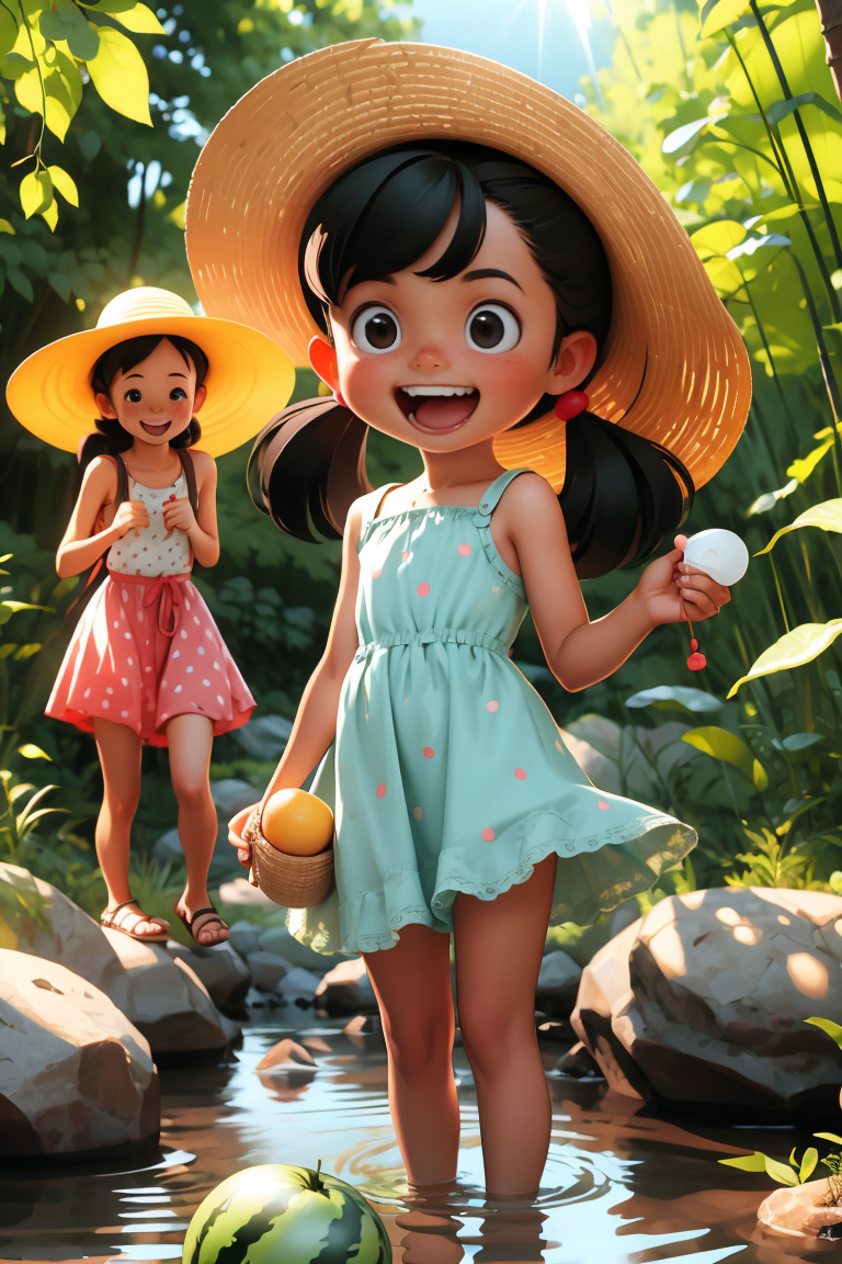 388320-2748525868-masterpiece,best quality,_lora_comiclo_0.8_,multiple girls,3girls,fruit,food,watermelon,water,sandals,hat,black hair,hair bobble.png